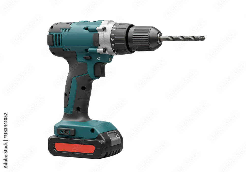 Poster cordless drill with bit isolated on white background, no depth of field, sharp.