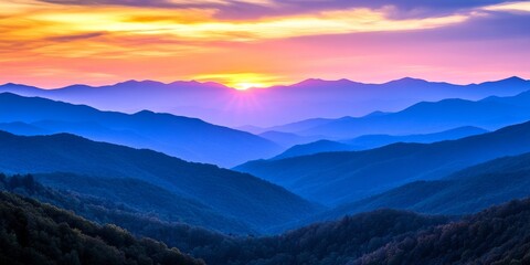Majestic sunset over the mountains creates a breathtaking view, showcasing the vibrant colors and...