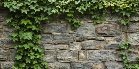 A weathered stone wall adorned with lush green ivy creates a captivating scene, showcasing the beauty of nature intertwined with the old stone wall s texture and character.