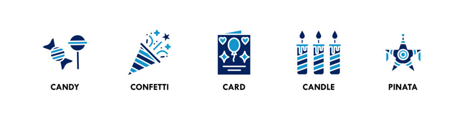 Birthday and Party banner web icon illustration concept with icon of candy, confetti, card, candle, and pinata