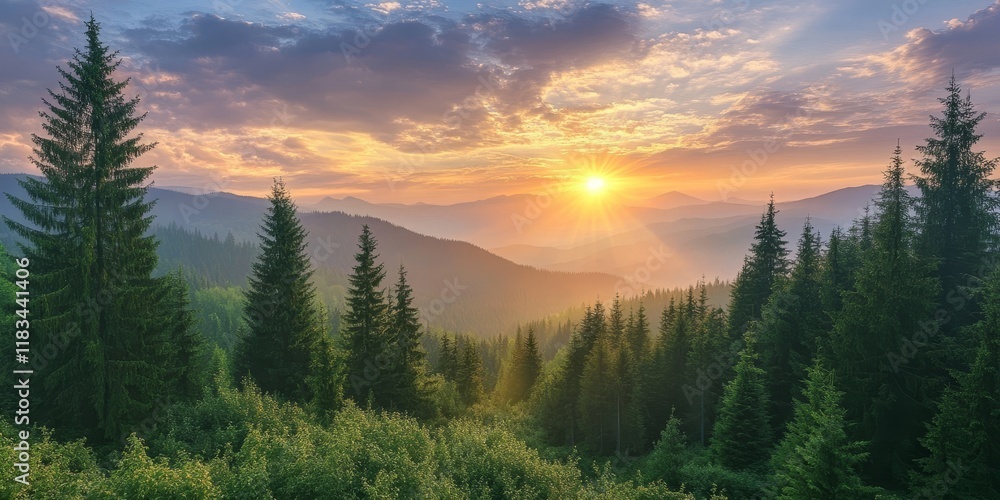 Poster stunning clouds and sky at sunset create a mesmerizing view over a lush coniferous forest filled wit