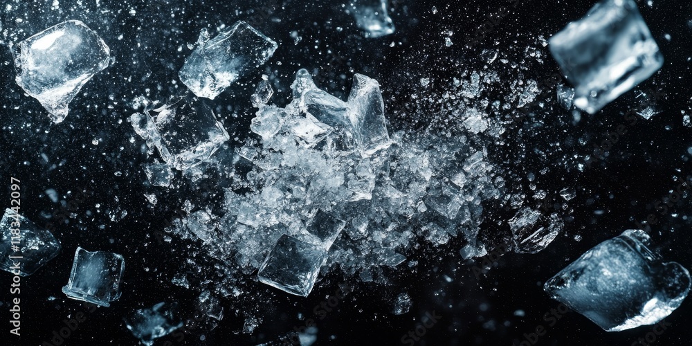 Poster crushed ice scattered against a dark background creates a striking visual. the dynamic shards of cru