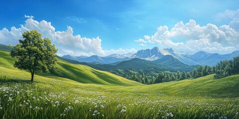 Obraz premium Scenic landscape of a meadow on a hill, featuring mountains and a clear blue sky, captures the beauty of nature within a public park environment. The landscape invites exploration and admiration.