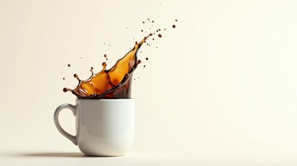 Dynamic Splash of Coffee in a White Mug
