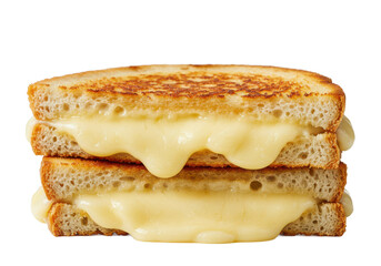 Stack of two grilled cheese sandwiches with melted cheese oozing out, isolated on white background, front view, no depth of field, sharp.