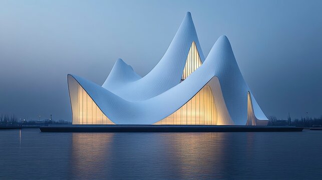 Conceptual depiction of futuristic architecture, with innovative, geometric building forms, responsive environments, and renewable energy features, highlighting the shift toward self-sufficient cities
