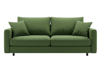 Modern green fabric sofa with two large cushions and two side pillows, isolated on white background