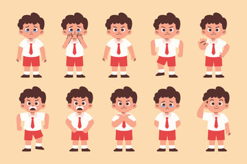 Male Elementary Student with Various Expression and Gesture, Primary Student Angry, Feels Guilty, Say No