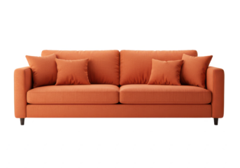 Bright orange fabric sofa with two large cushions and two side pillows, isolated on white background