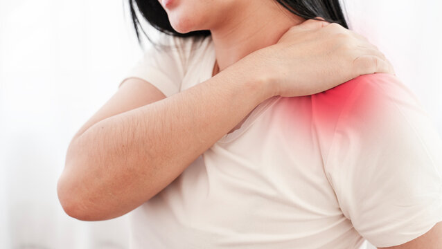 woman having muscle painful pain syndrome shoulder and neck pain.  rheumatism, fibromyalgia ,  cervical spine. scapular pain.