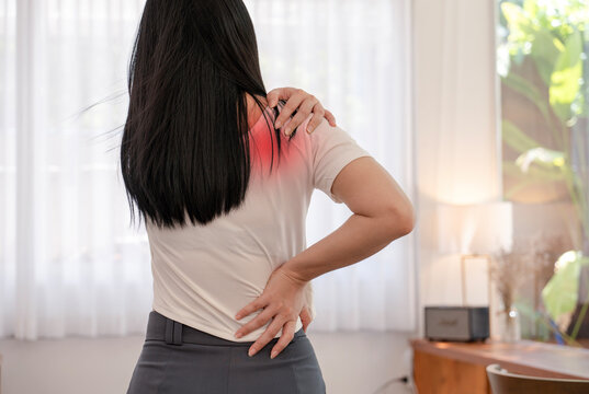 woman having muscle painful pain syndrome shoulder and neck pain.  rheumatism, fibromyalgia ,  cervical spine. scapular pain.