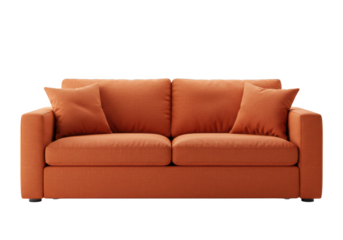 vibrant orange fabric sofa with two large cushions and two side pillows, isolated on white background