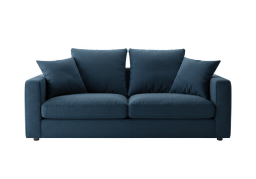 Deep blue fabric sofa with two large cushions and two side pillows, isolated on white background