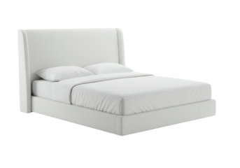 Elegant white upholstered bed with a high padded headboard and white bedding, isolated on white background