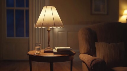 A simple side table with a vintage lamp, stack of books, and a glass of water by a cozy armchair