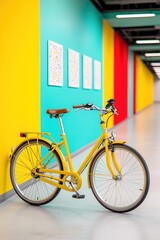 A vibrant yellow bicycle stands against a colorful wall, adding a playful touch to the modern hallway with bright turquoise and red accents.