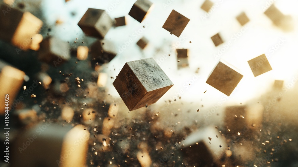 Poster abstract image of many wooden cubes floating and falling in the air with a bright light in the backg