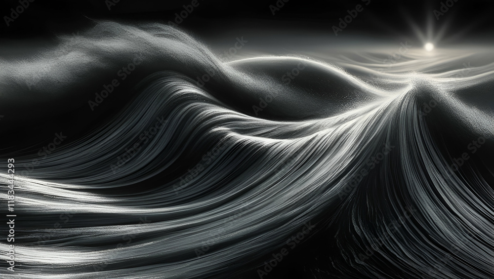 Poster a captivating abstract scene of light and shadow waves in black and white, creating a harmonious and