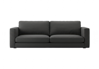 Minimalist dark gray fabric sofa with two large cushions and square armrests, isolated on white background