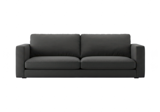 Minimalist dark gray fabric sofa with two large cushions and square armrests, isolated on white background