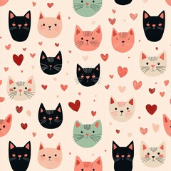 A playful pattern featuring cute cat faces in various colors, surrounded by hearts, creating a cheerful and whimsical design.