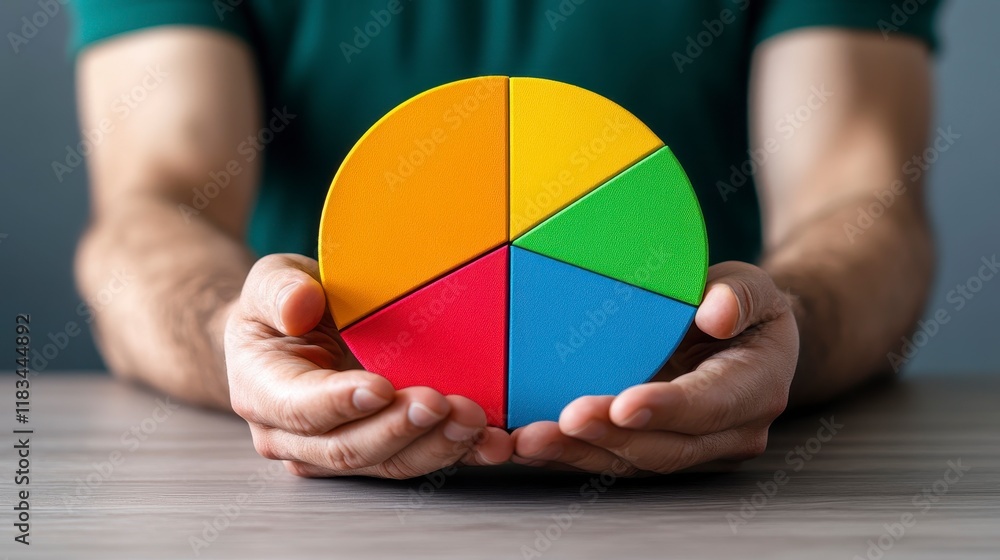 Poster hands presenting a colorful pie chart model symbolizing data analysis and strategic planning in a pr