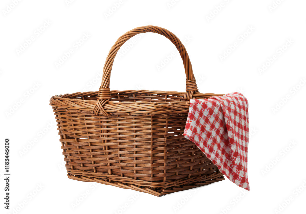 Aufkleber rustic wicker basket with a curved handle and a red and white checkered cloth draped over the side, 