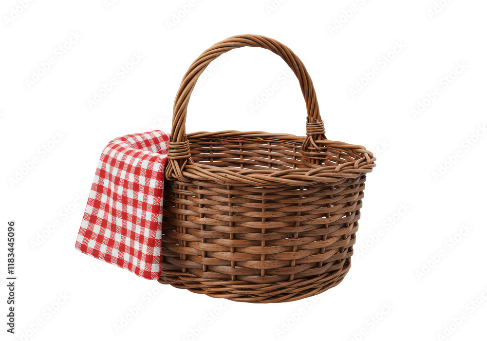Aufkleber rustic wicker basket with a curved handle and a red and white checkered cloth draped over the side, 