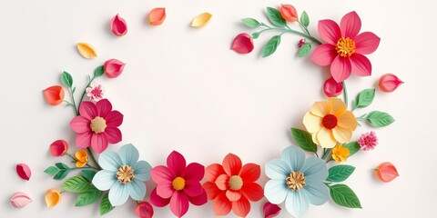 Cut out white card with pink and red flowers on empty space, romantic, celebration, decoration