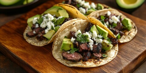 Savory smoked venison soft tacos are enhanced with fresh avocado, zesty quesa verde, and crumbled queso fresco cheese, creating a delightful dish featuring smoked venison flavors.