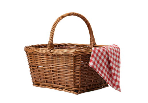 Rustic wicker basket with a curved handle and a red and white checkered cloth draped over the side, isolated on white background