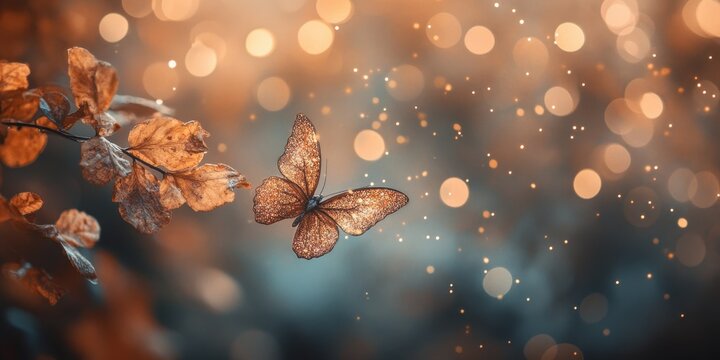 Magical Butterfly Amidst Golden Autumn Leave Dreamy Bokeh Background