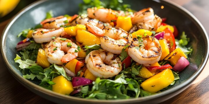 This dish features a refreshing salad composed of grilled shrimp, succulent mango, vibrant red bell peppers, and fragrant herbs, creating a delightful flavor combination.