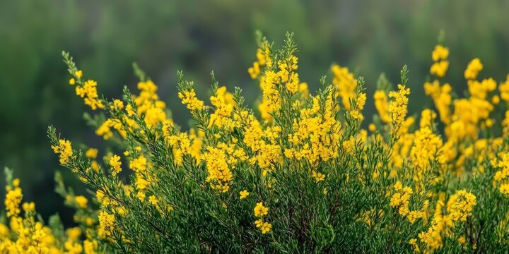 Vibrant Ginesta, also known as Spanish Broom, showcases the beauty of Spartium junceum, commonly referred to as weaver s broom, with its striking flowers and lush foliage.