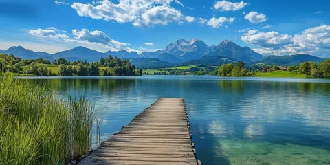 Fototapete Rund Scenic view of Hopfensee featuring mountains and a wooden jetty, showcasing the charming natural beauty of the landscape around Hopfensee and the serene atmosphere created by the jetty. © ShStock