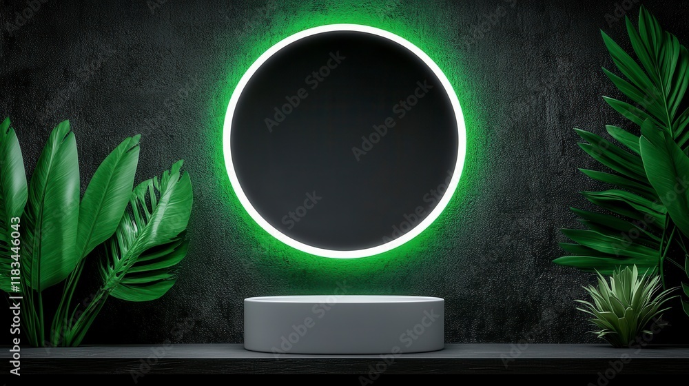 Poster minimalist product display scene featuring a glowing circular mirror and vibrant greenery in a moder