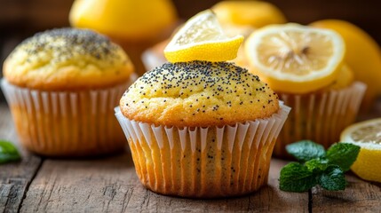 Aromatic homemade lemon and poppy seed muffins create a festive atmosphere, showcasing their delightful charm and aroma against a rustic wooden background, perfect for the holiday season.