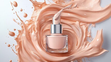 A luxurious bottle of liquid foundation surrounded by swirling cream splashes, emphasizing smooth application and elegant design, isolated on a white background.