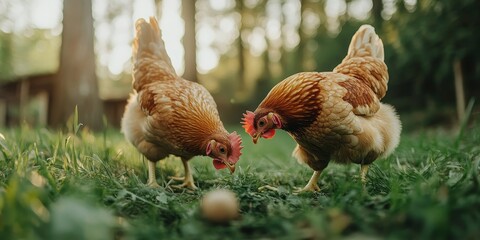 Fototapeta premium Two free range hens foraging for food with their heads down and tails up, showcasing their natural behavior in a harmonious setting, ideal for capturing the essence of free range hens.