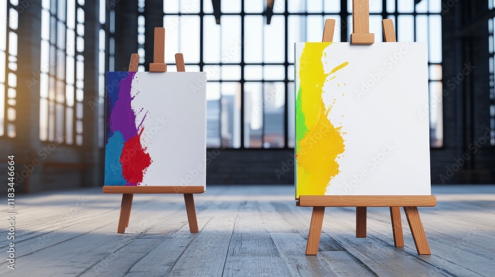 Poster Colorful paint-splashed canvases displayed on easels in a modern art studio with large windows showing a cityscape