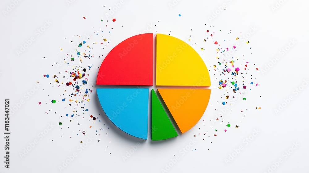 Poster colorful pie chart with different segments surrounded by scattered confetti on a clean white backgro