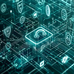 Obraz premium A visually striking representation of technological security, featuring a glowing digital padlock at the center of a futuristic interface. The padlock is composed of slender, interconnected chains, sy