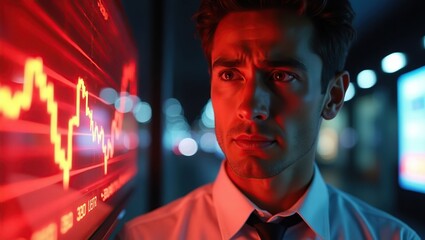Concerned individual with furrowed eyebrows, worried facial expression, and piercing brown eyes, gazing intensely at a fluctuating bright red stock market graph displayed on a futuristic transparent L