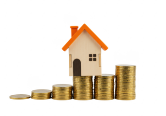 wooden miniature house with an orange roof balanced on stacks of golden coins, symbolizing real estate and financial growth, isolated on white background