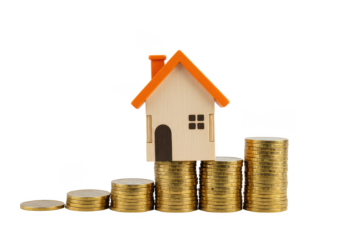 wooden miniature house with an orange roof balanced on stacks of golden coins, symbolizing real estate and financial growth, isolated on white background