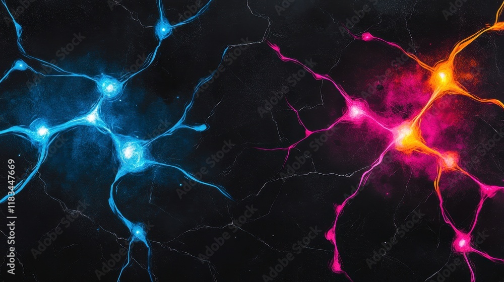 Poster abstract representation of interconnected neural networks illustrated in vibrant colors against a da