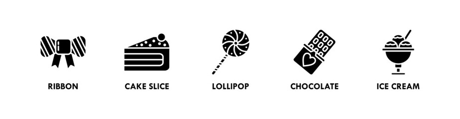 Birthday and Party banner web icon illustration concept with icon of ribbon, cake slice, lollipop, chocolate, and ice cream