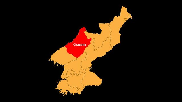 Chagang map animated video. The location is highlighted on the North Korea map. Colour map with transparent background in video format.