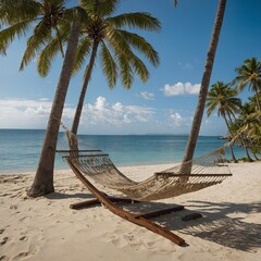 A hammock tied between two palm trees on a beach with gentle waves in the background.
