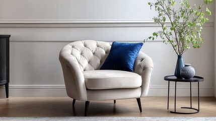 living room interior with a light gray velvet armchair, blue pillow, coffee table, and a green plant branch in a vase against an empty white wall background, hd image